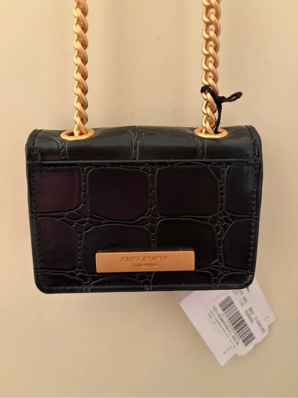 Kurt Geiger Black Croc-Embossed Mini Bag with Gold Chain - Picture 5 of 8